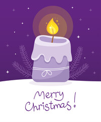 Burning Christmas candle in the snow. Dark purple background. Christmas and New Year's card. The inscription 