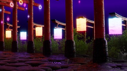 Mystical scene with neon glowing lanterns, red torii gates, stone path.