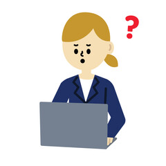 ビジネス　ノートパソコン　パソコン　デスクワーク　女性　可愛い　はてな　カットイラスト

