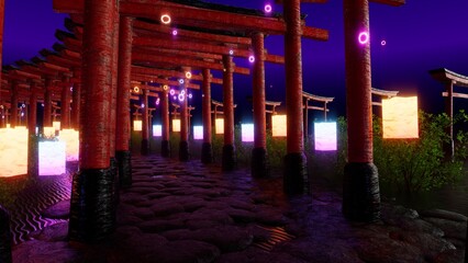 Neon-lit red torii gates at night, glowing lanterns. 3d loop animation.