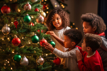 A festive of an afro-american family gathered around a beautifully decorated Christmas tree, with children hanging ornaments, joy of holiday traditions