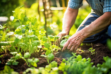 Close up view of a elderly man's hands tending to a garden plot