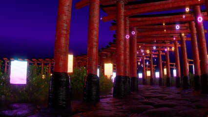 Neon torii gates at dusk, paper lanterns, magical ambiance. 3d loop animation