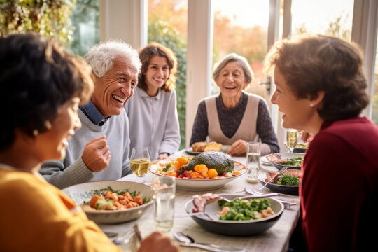 A heartwarming view of a multi-generational family gathering around a dinner table. Shallow depth of field, selective focus