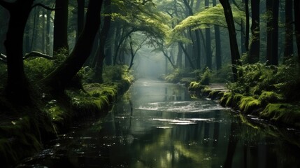 a dark forest canal.