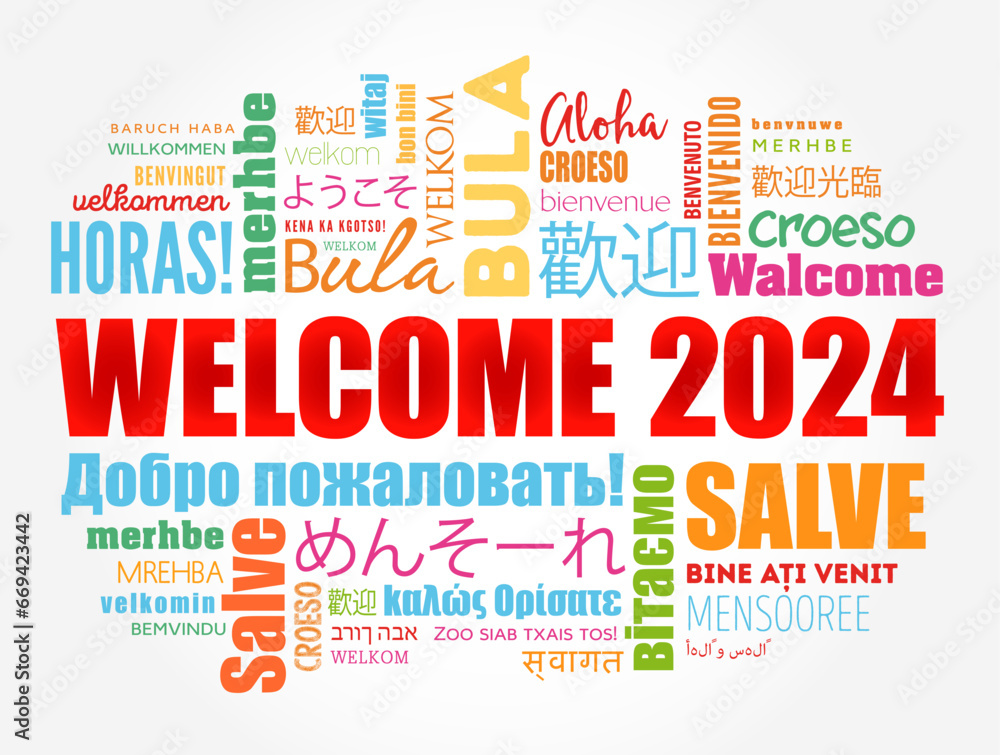 Wall mural welcome 2024 word cloud in different languages, conceptual background - Wall murals