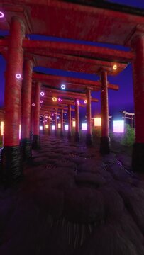 Red torii gate with neon lights, glowing lanterns, stone path, twilight ambiance