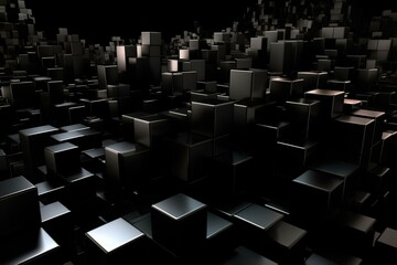 Abstract dark cubes in random shift on a black background. Generative AI