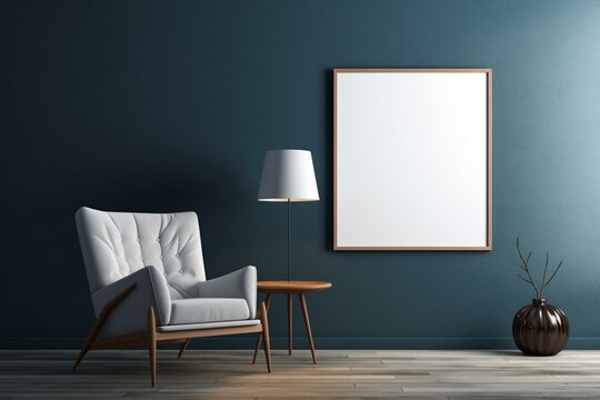 Poster frame in contemporary room with armchair against dark blue wall. Rendered in 3D. Generative AI