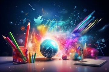 Pastel education business technology connecting the world with a global internet. Imaginative ideas fueled by science, time, pencil, maths, bulb, Saturn, orbit. Generative AI - obrazy, fototapety, plakaty