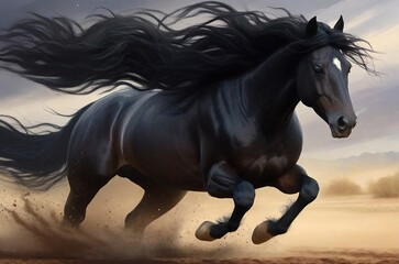Obraz na płótnie Canvas Digital painting of a majestic horse in full gallop, central contest winner, its flowing black hair captured in dynamic motion.