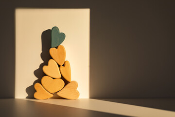 A ray of late afternoon sunlight shines on a Christmas tree made of heart-shaped blocks of wood....