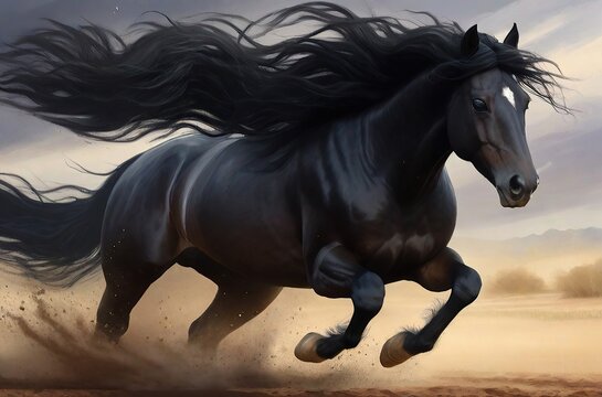 Digital painting of a majestic horse in full gallop, central contest winner, its flowing black hair captured in dynamic motion.
