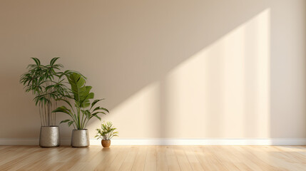 Fototapeta na wymiar empty room with potted plant on wooden floor