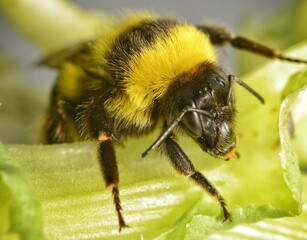 Macro photography of a Bombus Jonellus - heath bumblebee on green leaf