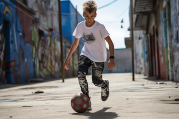 A young boy playing soccer in a graffiti-covered alleyway..