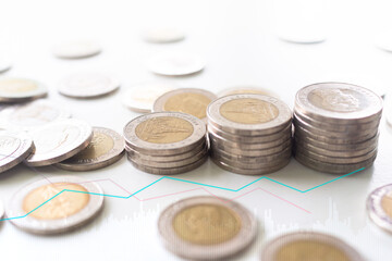 Stack Coin Money Pile Cash with graph Business Stock Market Finance Investment Bank Invest Inflation Fund Economy Marketing Trade Forex Digital Success Technology Growth Profit Increase Currency.