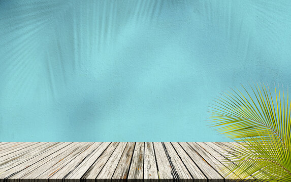 Background Blue Shadow Leaf Palm Empty Room Wood Table Minimal Kitchen Summer Tropical Backdrop Product Beauty Cosmetic Mokcup Sceane Loft Podium shelf Patter Floor Wall Minimal Bg 3d Platform bar.