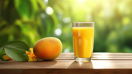 Fototapeta premium mango juice is in a glass on a wooden table