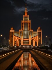 Fototapeta premium A large high-rise building against the background of the night sky. Generated by AI.