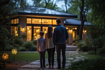 A young family with a small child stands on the threshold of their house in the evening. Generated by AI. - obrazy, fototapety, plakaty