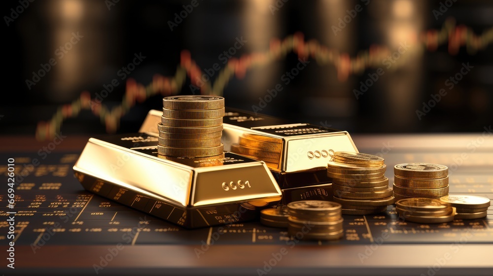 Poster gold bar resting investment on a stocks graph representing.