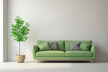 a green couch, potted plant and white wall in living room. minimalist living room