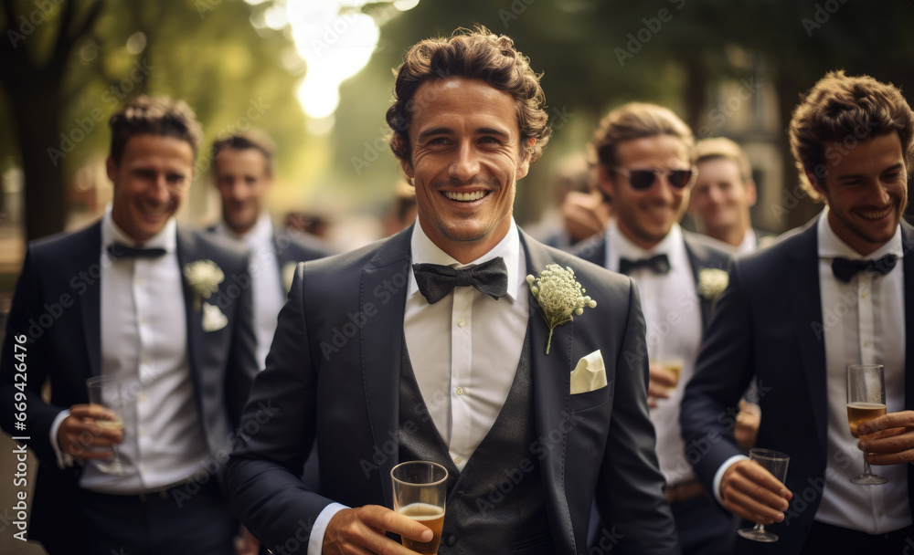 Wall mural happy groom men holding champagne glass during wedding.