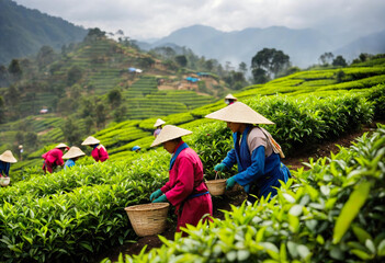 chinese group of people Picking Tea. Vietnamese team verifying plant quality at tea plantation. Asian people harvesting green tea without basket. Wearing conical hat. highlands sri lanka Generative ai