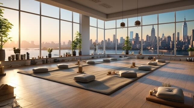 A large modern yoga studio with city view.