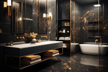 Minimalist black and golden marble bathroom, sophisticated, upscale.