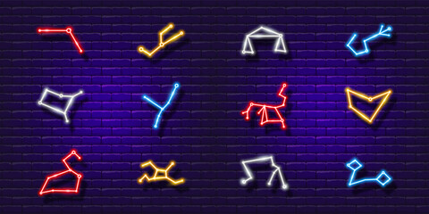 Zodiac sign neon icon set. Astrological zodiac signs glowing symbol