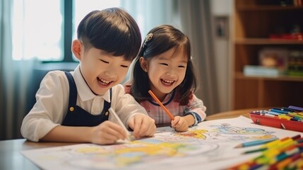 Fototapeta premium Two Asian siblings boy and girls having fun drawing on paper in living room, brother and sister or friends sitting together relationship childhood lifestyle playing together, school kids free time