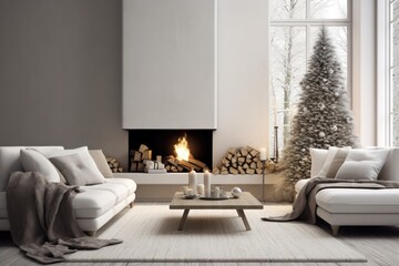 modern living room interior with fireplace, beige sofa, coffee table decorated with Christmas tree in minimal Scandinavian style