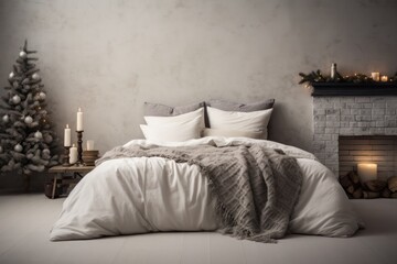 minimal christmas decor in scandinavian bedroom with cozy blankets on the bed, candles, fireplace and xmas tree