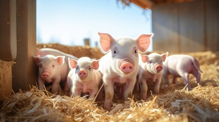 Shot of piglets with a mother pig in a spacious pigpen.
