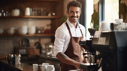 Cafe coffee shop entrepreneur male smiling happy working in cafeteria, Hispanic 30s man wearing apron standing in counter bar barista making hot espresso from machine, small business owner lifestyle - obrazy, fototapety, plakaty