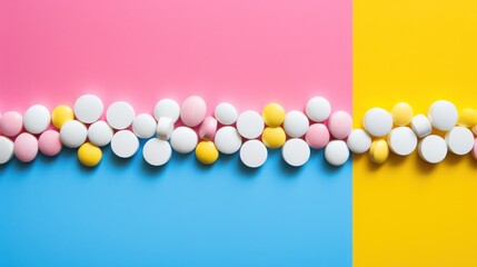 white, pink and yellow pills on colorful background horizontal banner copy space top and bottom - obrazy, fototapety, plakaty