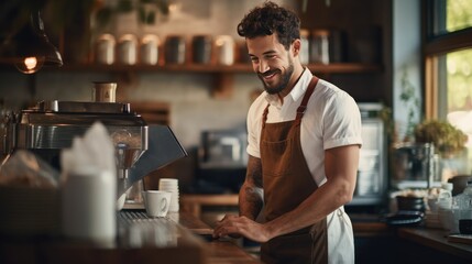 Fototapeta premium Cafe coffee shop entrepreneur male smiling happy working in cafeteria, Hispanic 30s man wearing apron standing in counter bar barista making hot espresso from machine, small business owner lifestyle