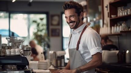 Cafe coffee shop entrepreneur male smiling happy working in cafeteria, Hispanic 30s man wearing apron standing in counter bar barista making hot espresso from machine, small business owner lifestyle - obrazy, fototapety, plakaty