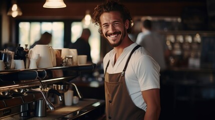 Cafe coffee shop entrepreneur male smiling happy working in cafeteria, Hispanic 30s man wearing apron standing in counter bar barista making hot espresso from machine, small business owner lifestyle