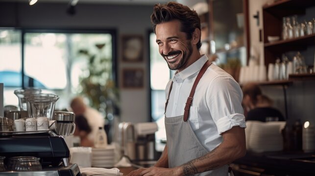 Cafe coffee shop entrepreneur male smiling happy working in cafeteria, Hispanic 30s man wearing apron standing in counter bar barista making hot espresso from machine, small business owner lifestyle