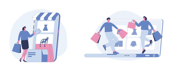 Adding to Shopping Cart and Online Consumption. Flat Cartoon Vector Illustration.