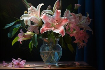 An artwork with a blooming lily displayed in a vase positioned on a table. Generative AI
