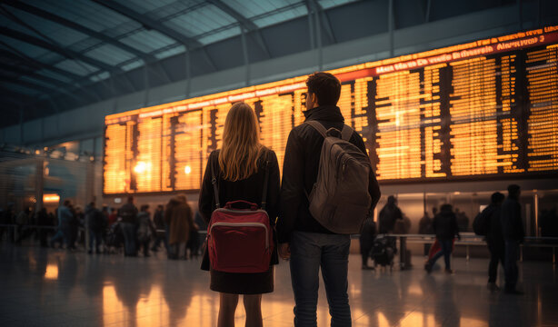 Traveler couple looking at the flight cancellation display inside of an airport, View from behind.