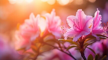 Obraz na płótnie Canvas Azalea flower background closeup with soft focus and sunlight, blurred background