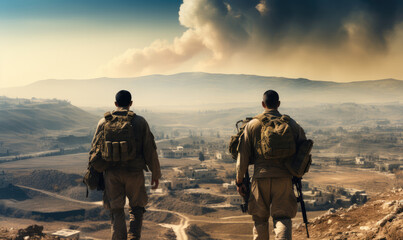 Two victorious allied well-equipped soldiers, Back view, proudly wearing digital camouflage uniforms.