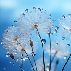abstract Dandelion flower seeds with water drops background with blue sky