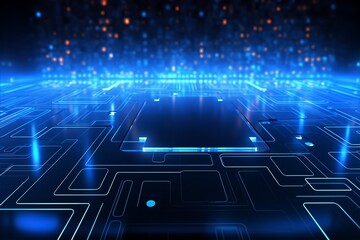 Obraz premium abstract technology background, neon circuit, blue neon gives a feeling of being in a digital world or an active server 