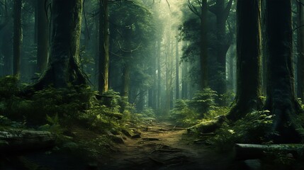 a serene forest scene bathed in soft, diffused light. Tall, majestic trees with green foliage line both sides of the canvas - obrazy, fototapety, plakaty